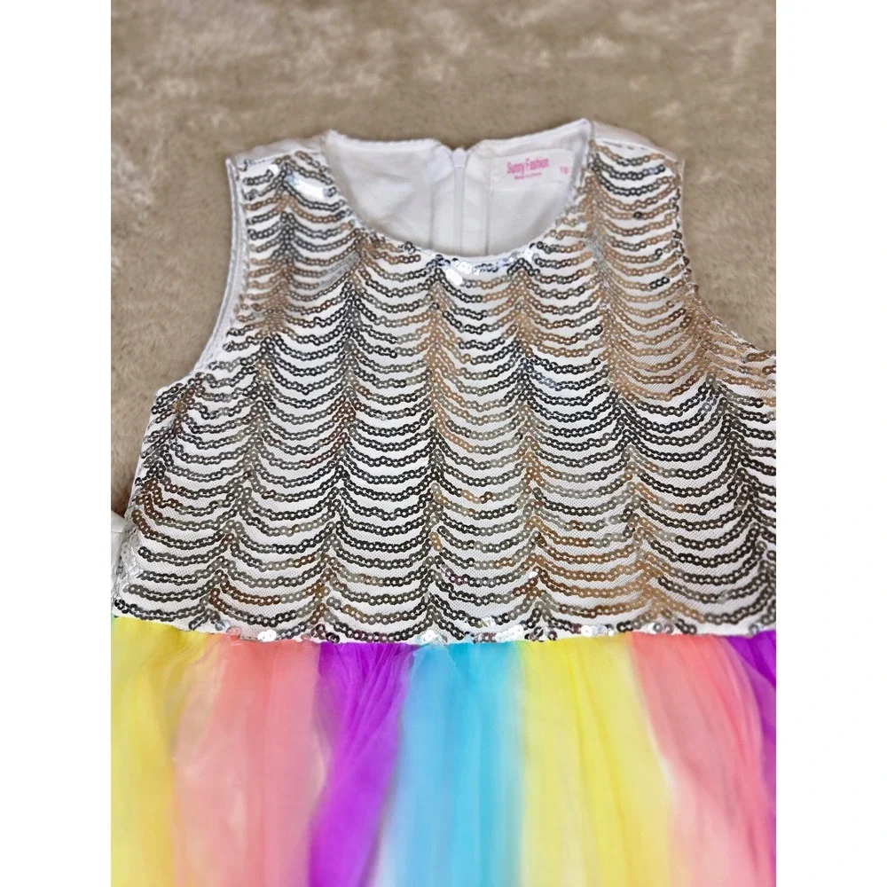 Sunny Fashion Girls Rainbow Tulle Sequin Party Dress Sleeveless Multicolor Sz 10